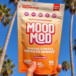 Mood Mod Orange Cream saffron drink mix pouch with 200mg L-theanine, 100mg magnesium glycinate and 30mg Affron saffron for stress support