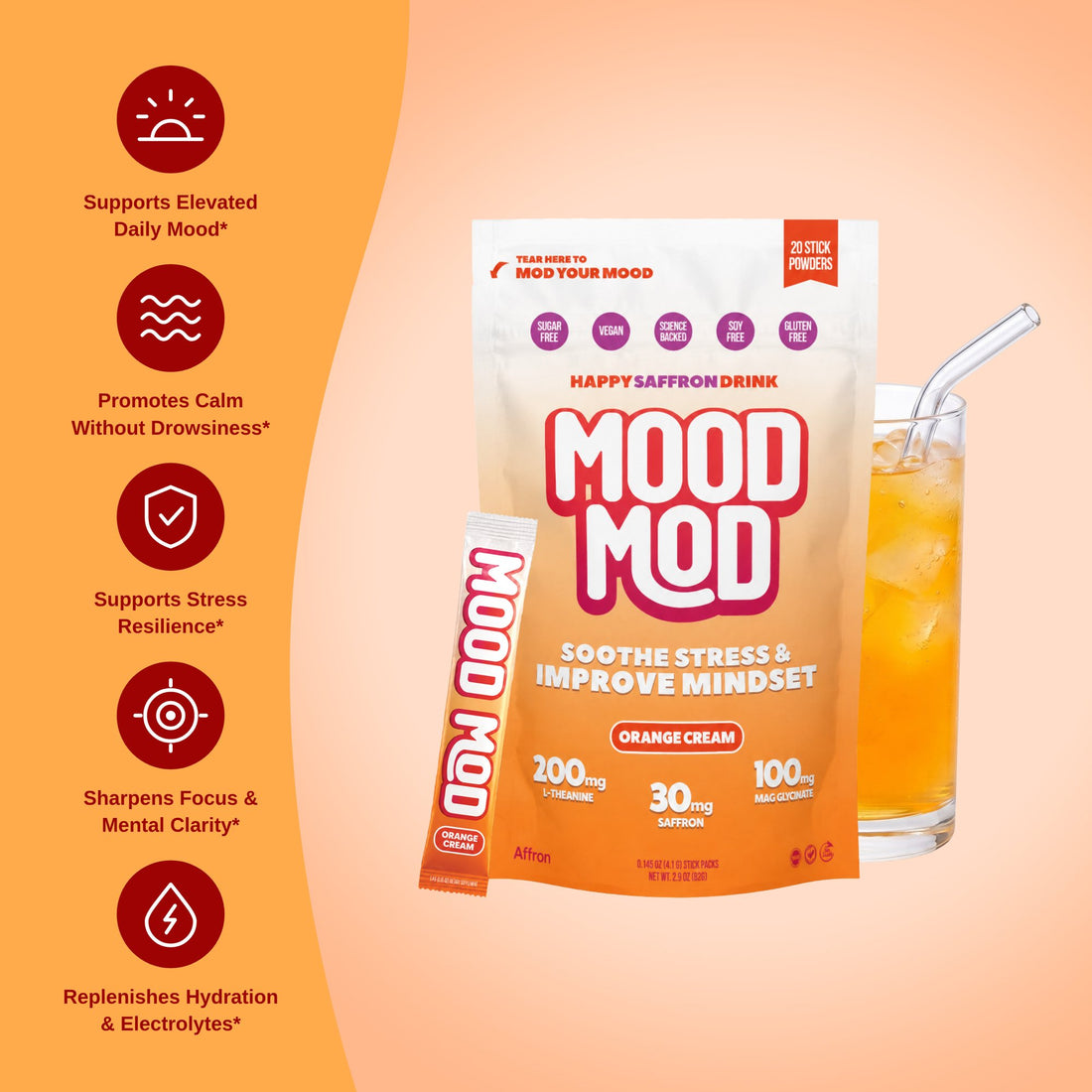Mood Mod Orange Cream saffron drink benefits: elevated mood, calm without drowsiness, stress resilience, focus and mental clarity, hydration and electrolytes
