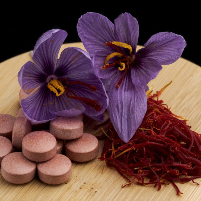 Saffron crocus flowers, dried saffron threads, and saffron extract supplement tablets, the clinically studied source of Affron used in Mood Mod for mood and stress support