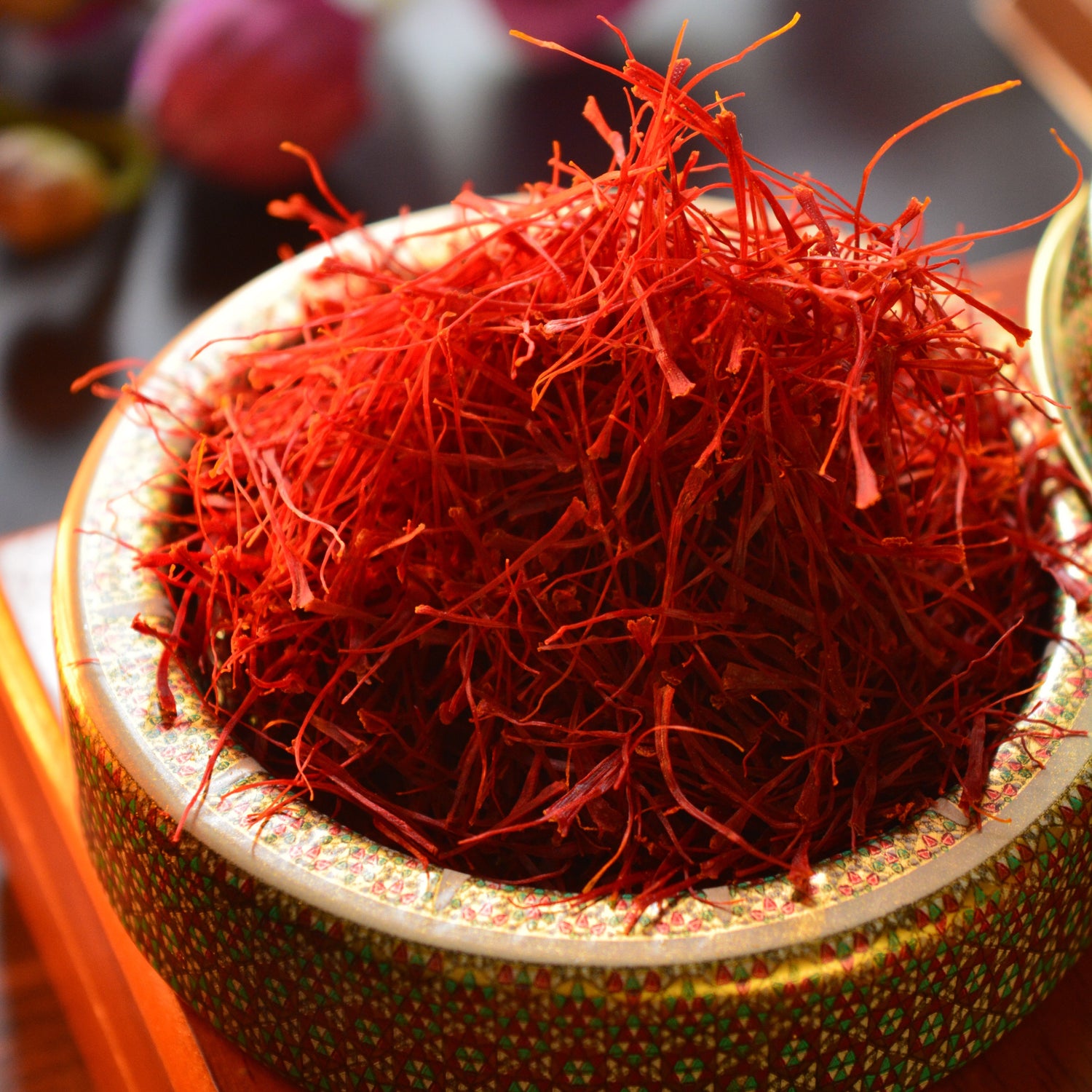 Premium saffron threads in decorative bowl, the clinically studied spice behind Affron® extract used in Mood Mod for natural sleep and mood support