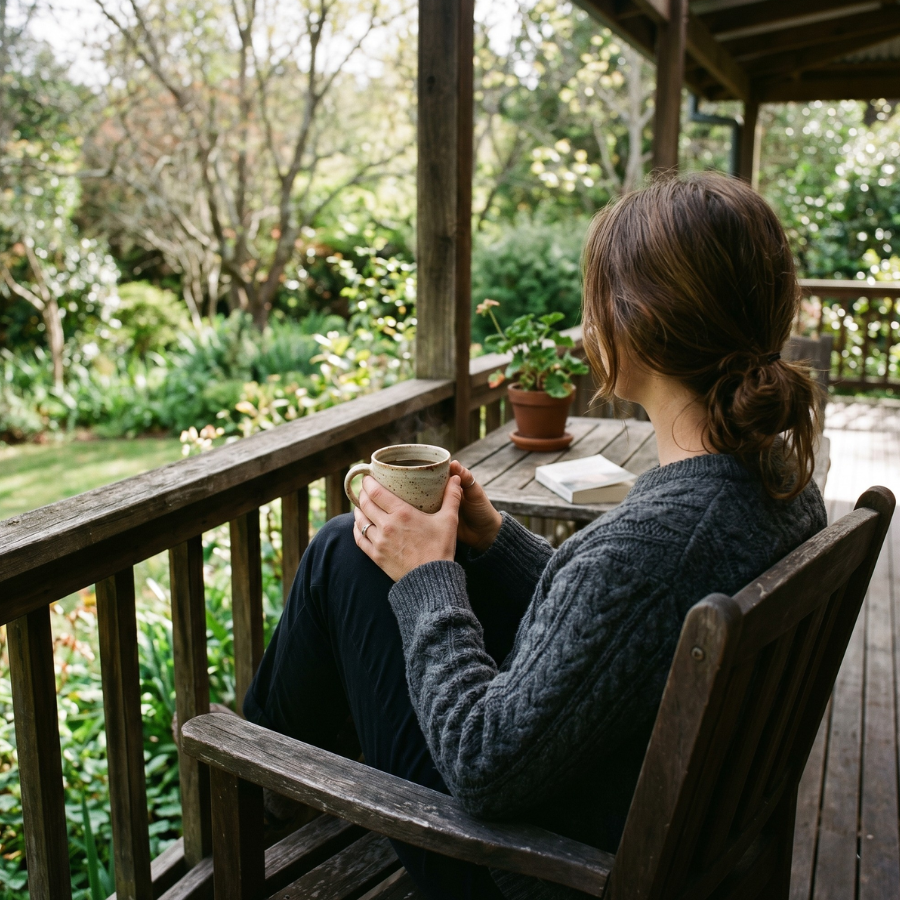 Woman in a dark cable-knit sweater sitting on a wooden porch, holding a warm mug with both hands, looking out at a green garden.