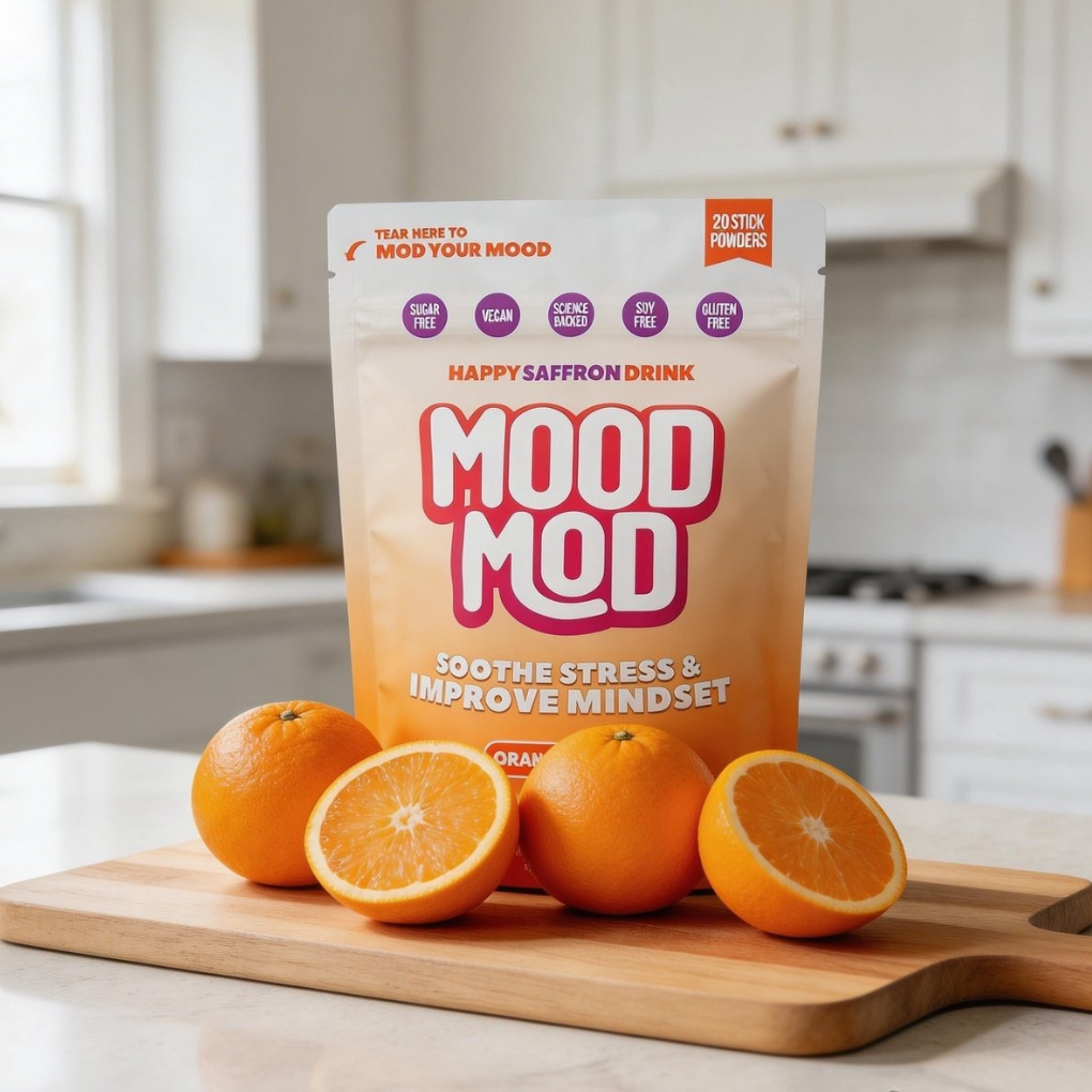 Mood Mod Orange Cream saffron drink mix pouch standing on a wooden cutting board surrounded by fresh whole and halved oranges on a bright kitchen countertop