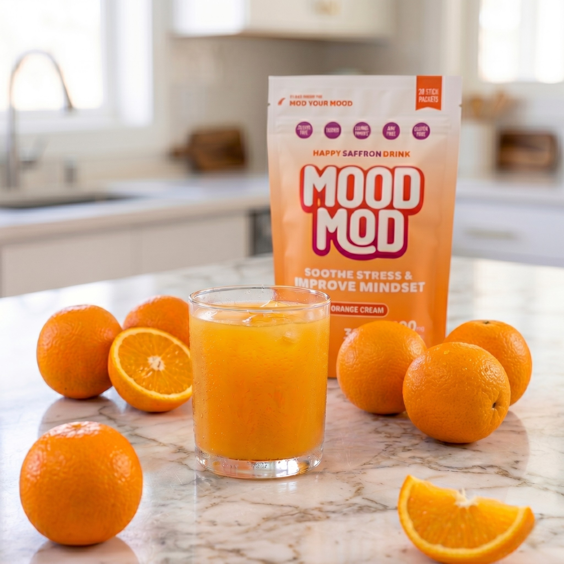 Mood Mod Orange Cream saffron drink pouch on a marble kitchen counter beside a glass of orange drink over ice, surrounded by fresh whole and sliced oranges.
