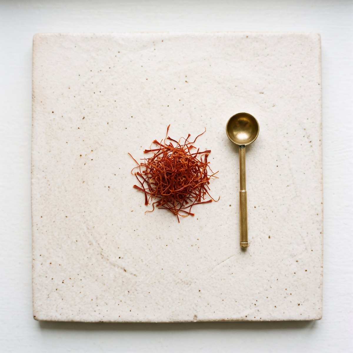 best supplements for focus, mood, and stress, saffron threads and a gold spoon on a cream tile
