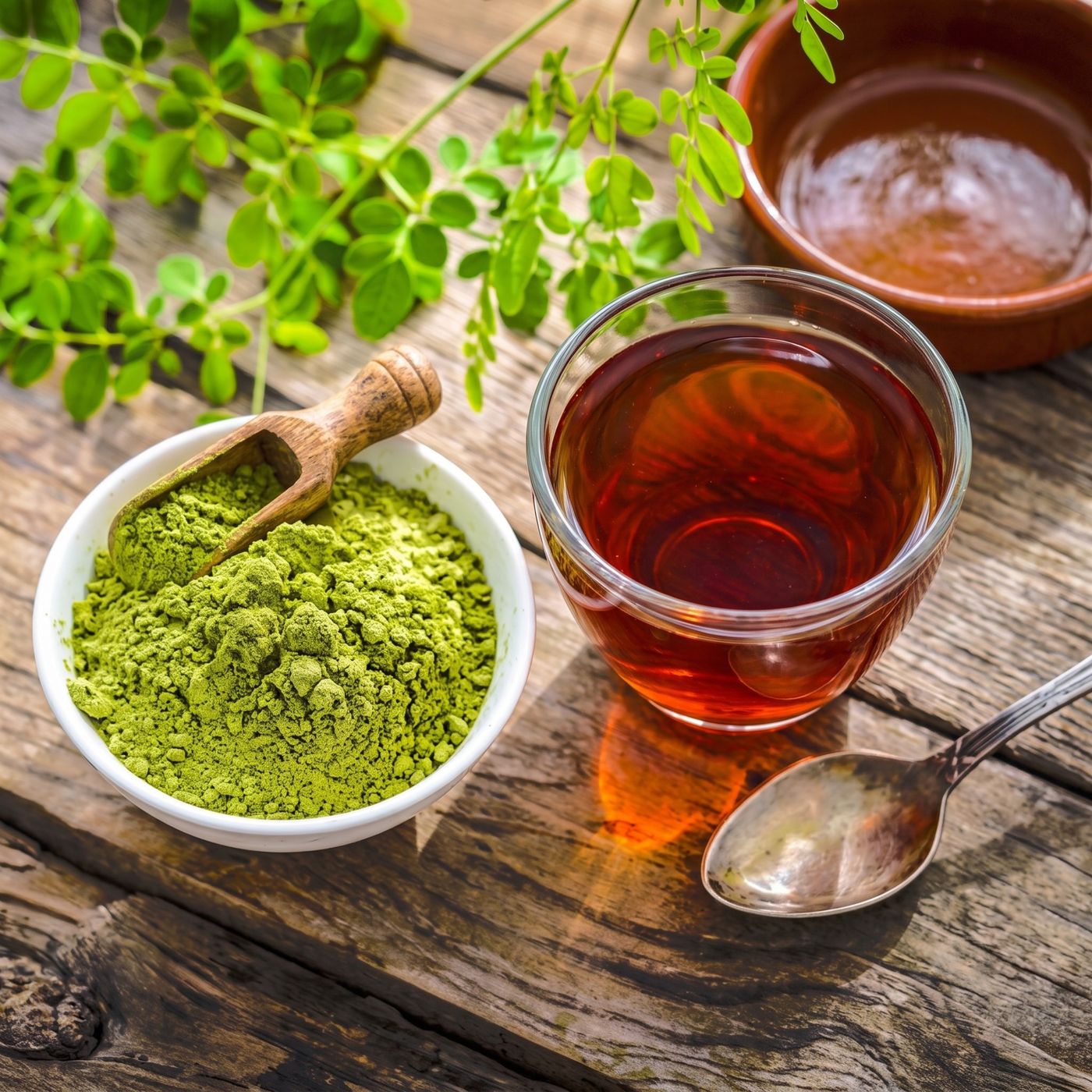 Green L-theanine powder in a bowl beside a glass of amber tea on a rustic wood table