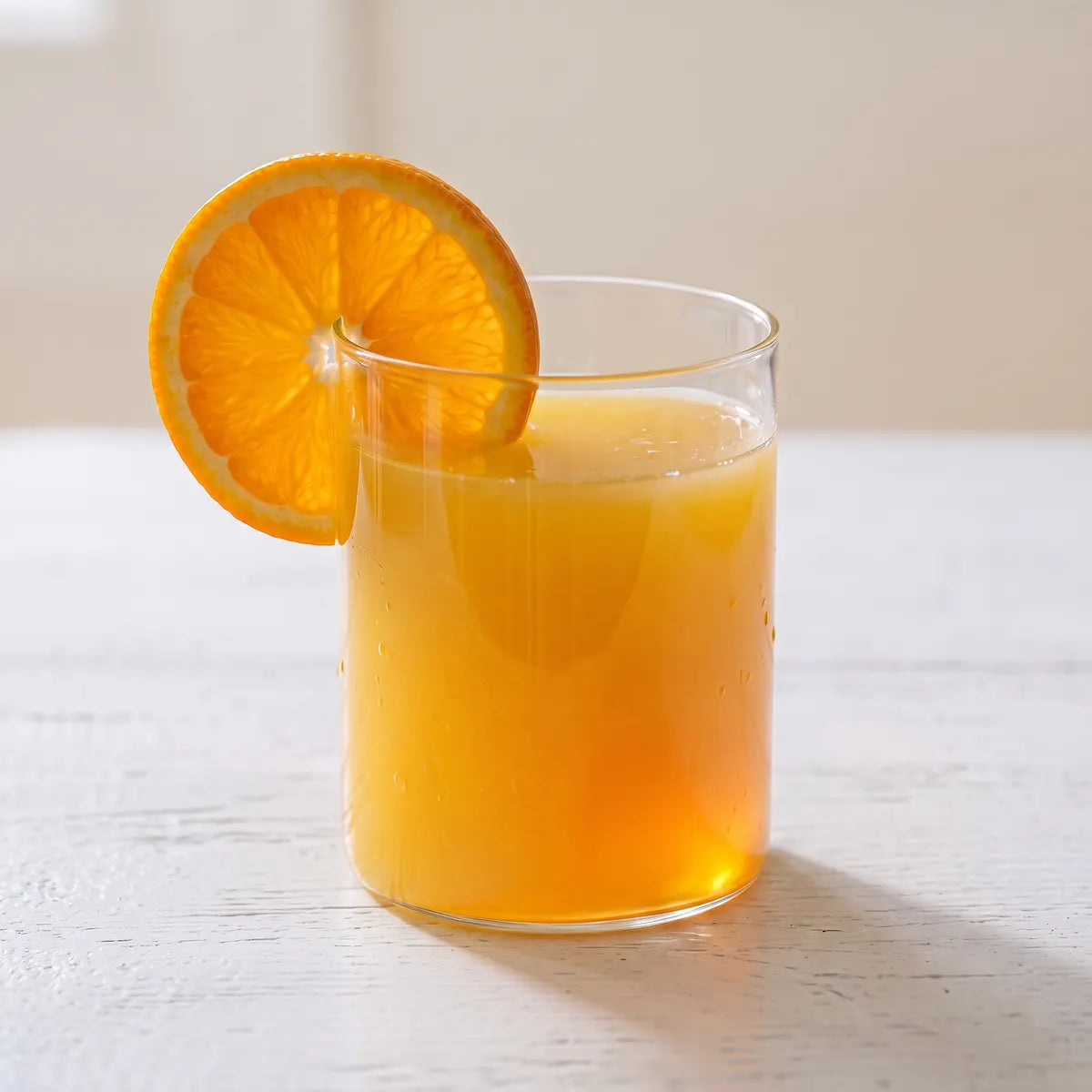 Glass of bright orange Mood Mod drink with an orange slice on the rim, on a white wood surface