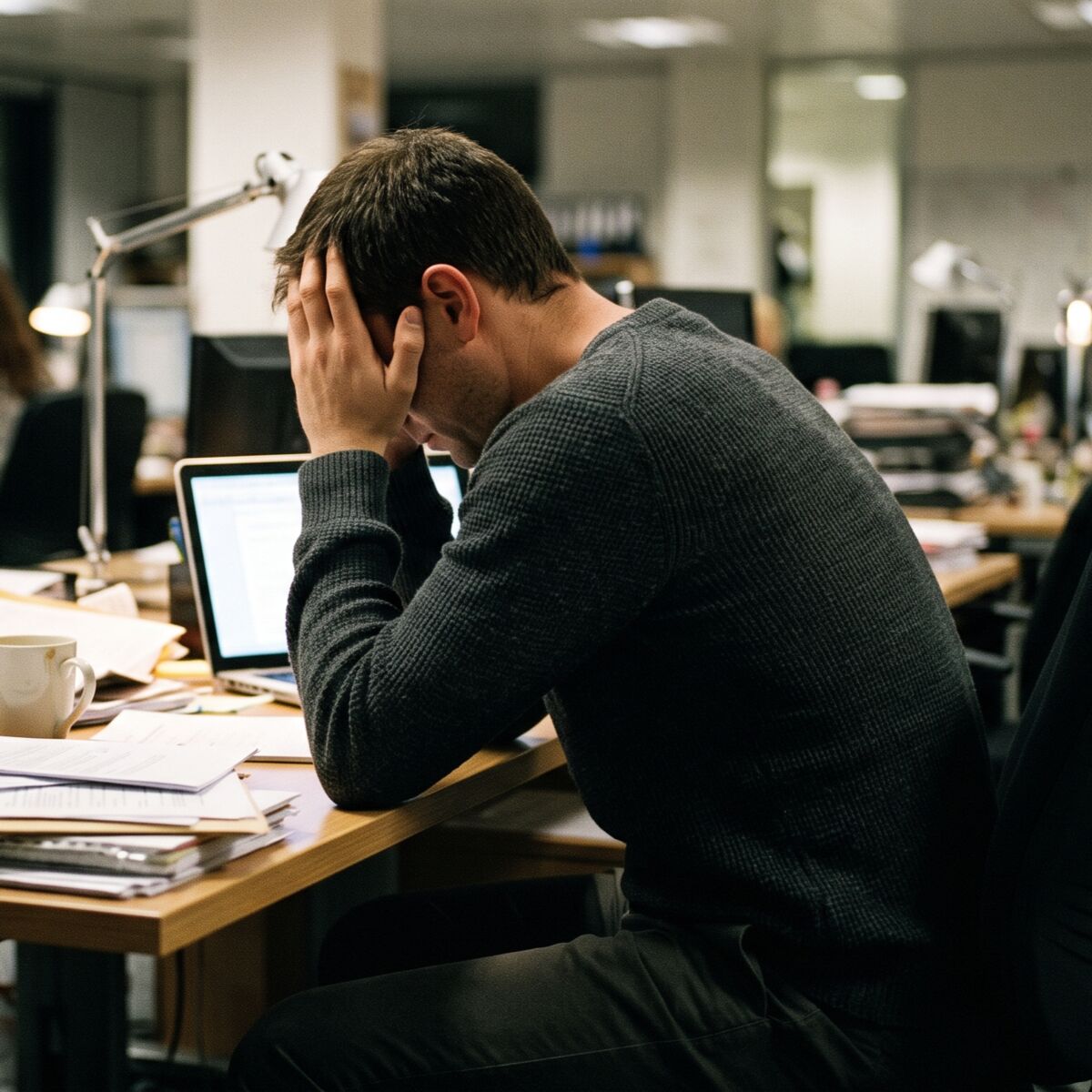  Stressed man at office desk holding his head in his hands while looking at a laptop, surrounded by paperwork