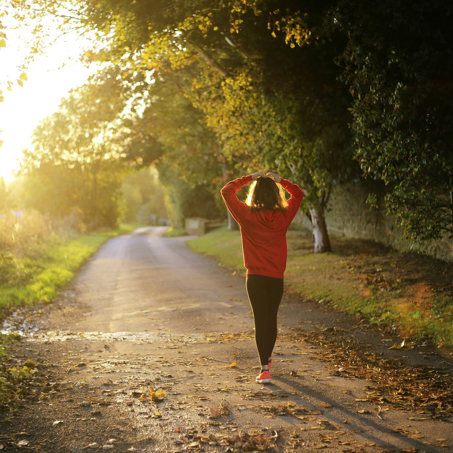 how to quiet a racing mind, a person walking a sunlit tree-lined path