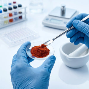 Scientist measuring red saffron extract powder in a lab, one of the best clinically studied supplements for stress and anxiety