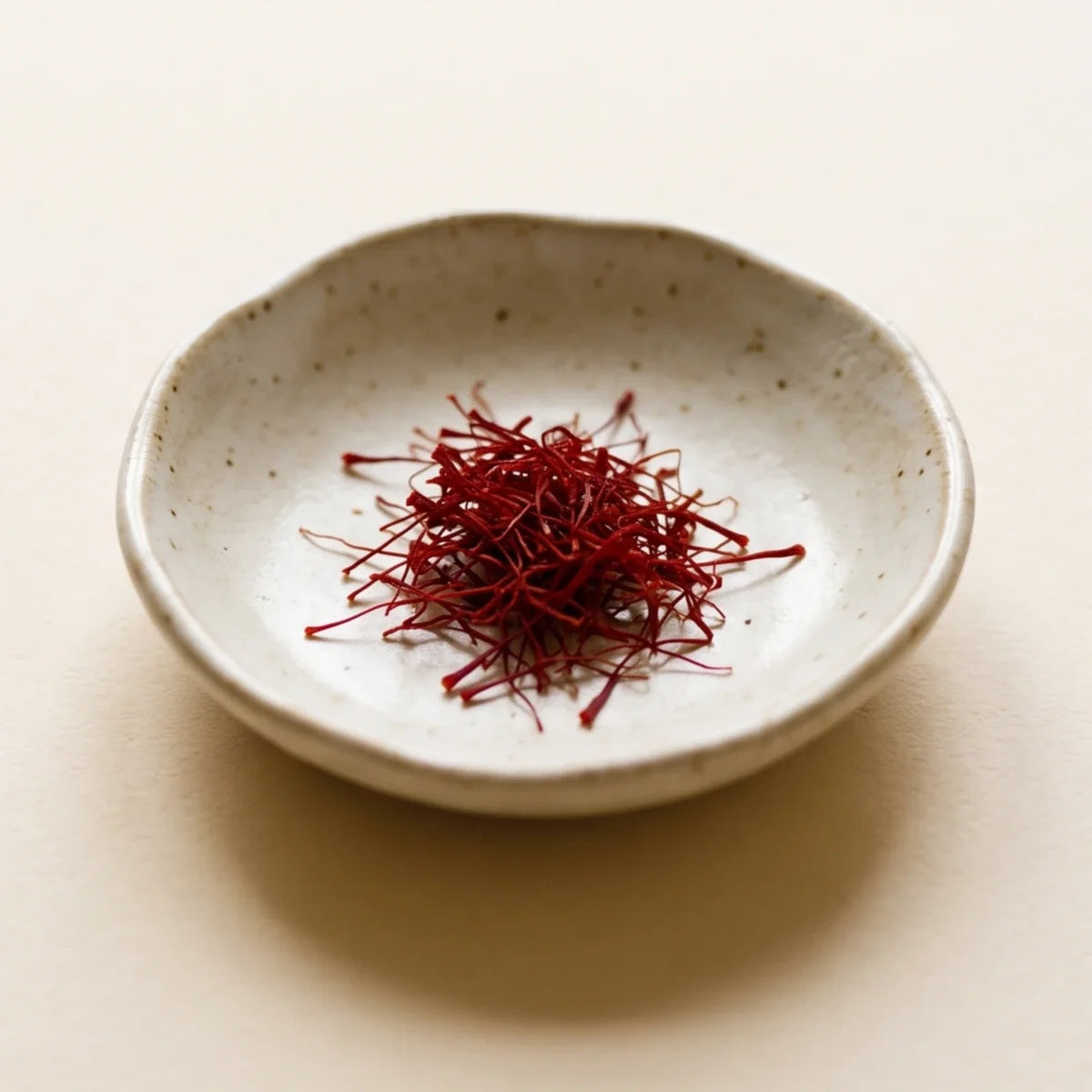 Saffron threads in a small ceramic dish, a natural extract studied for reducing anxiety and low mood