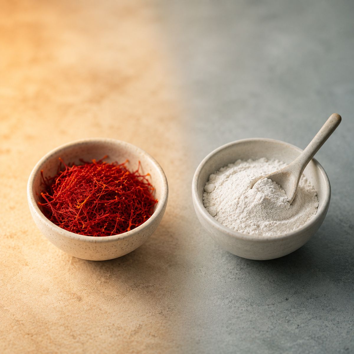 Bowl of red saffron threads beside a bowl of white magnesium powder with a spoon, comparing the two supplements