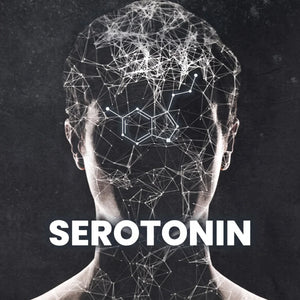 Silhouette of a human head overlaid with a glowing neural network pattern and the serotonin molecular structure, with the word SEROTONIN in bold white text below.