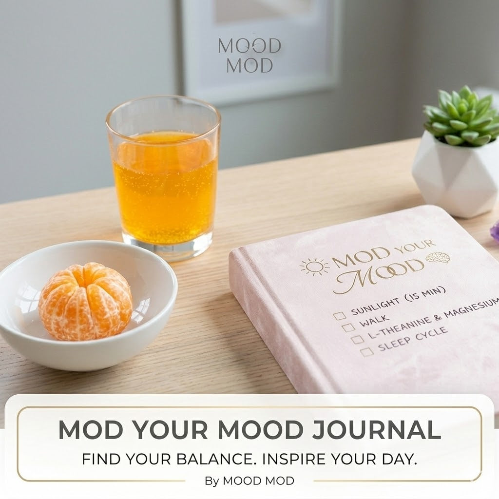 A glass of orange cream mood-boosting supplement next to a Mod Your Mood journal with a wellness checklist on a wooden desk.