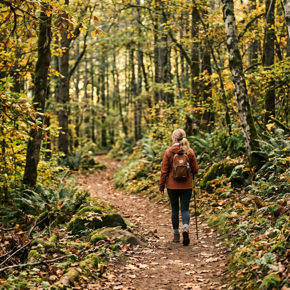 Woman in rust-colored jacket hiking a leaf-covered forest trail surrounded by autumn foliage and ferns
