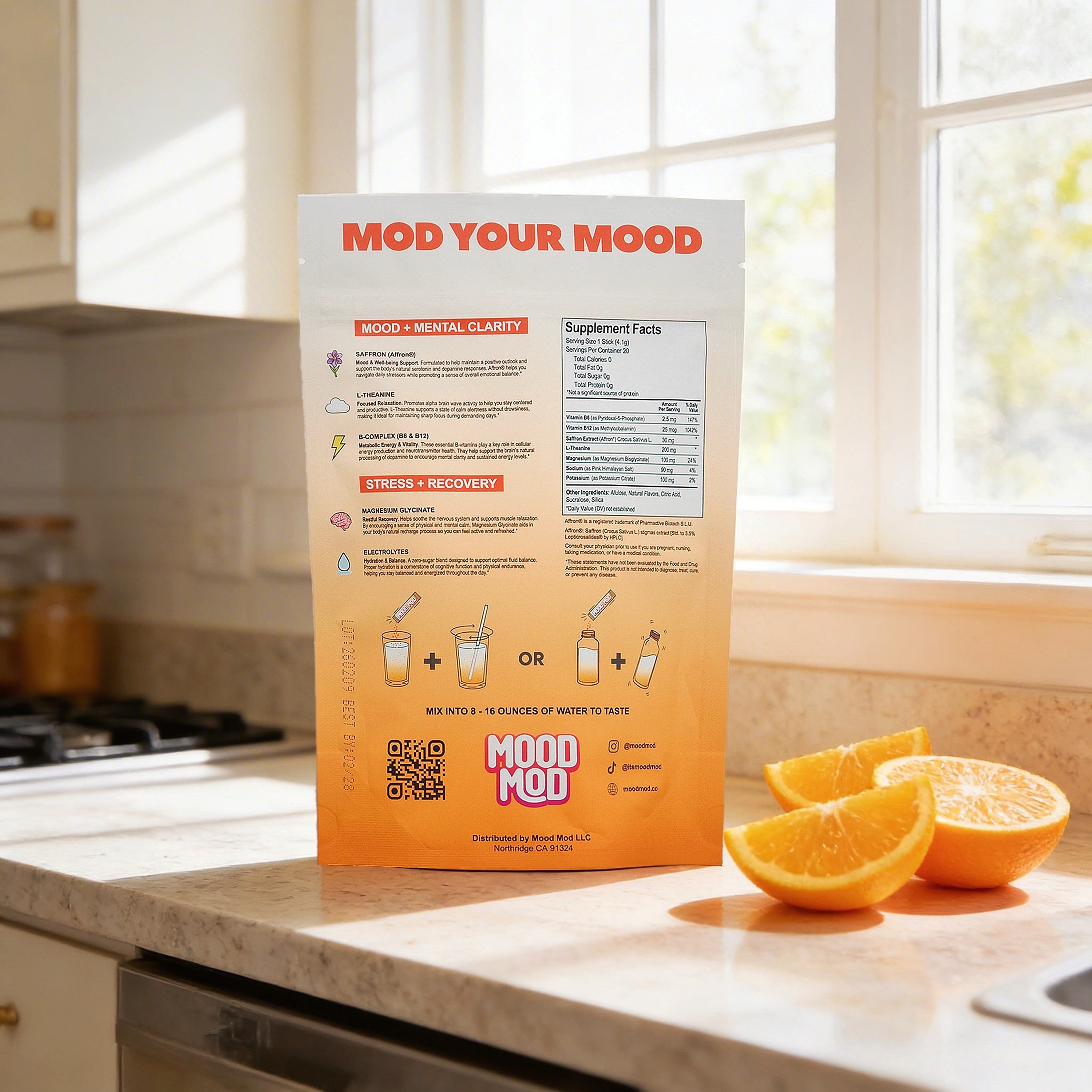 Mood Mod Supplement Facts Label showing 30mg Affron Saffron, 200mg L-Theanine, and 100mg Magnesium Glycinate.