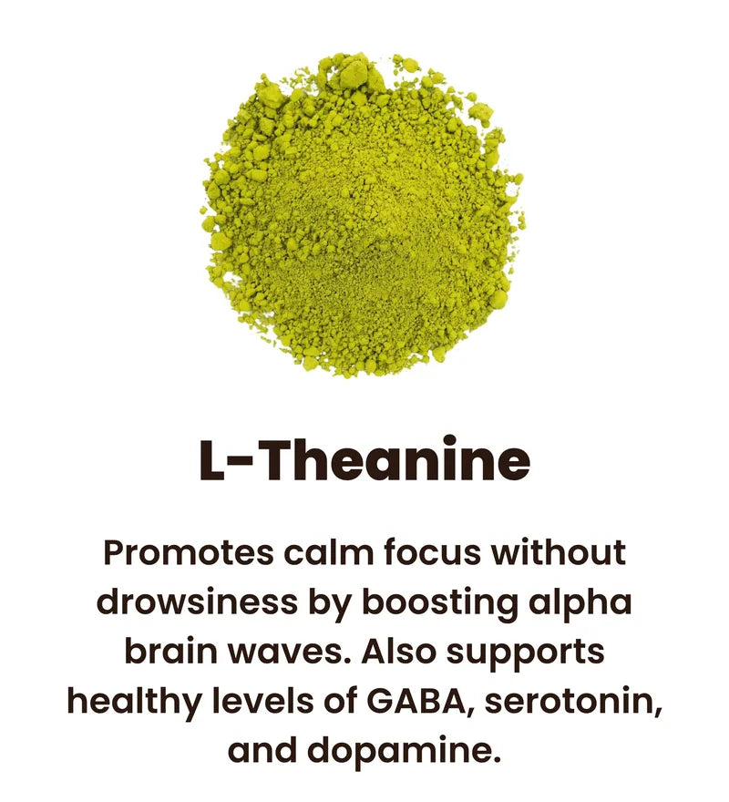Green L-Theanine powder used in Mood Mod, promotes calm focus without drowsiness by boosting alpha brain waves and supporting GABA, serotonin, and dopamine levels