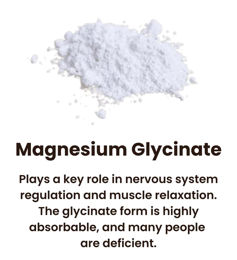 White Magnesium Glycinate powder used in Mood Mod, supports nervous system regulation and muscle relaxation in a highly absorbable form
