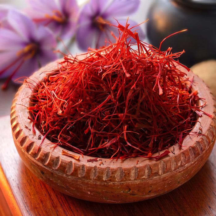 Bowl of red saffron threads with crocus flowers behind it