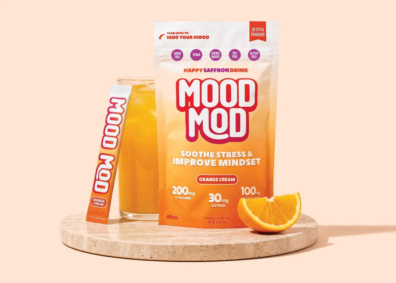Mood Mod saffron drink mix, prepared glass and stick pack